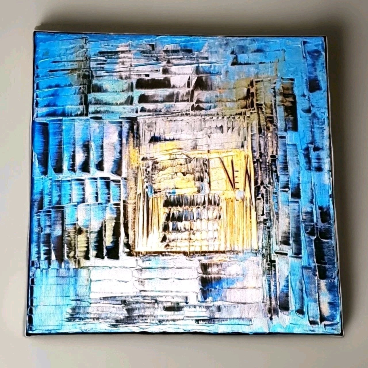 Original Abstract Acrylic Painting (See Video) On Canvas Blue Gold 12×12