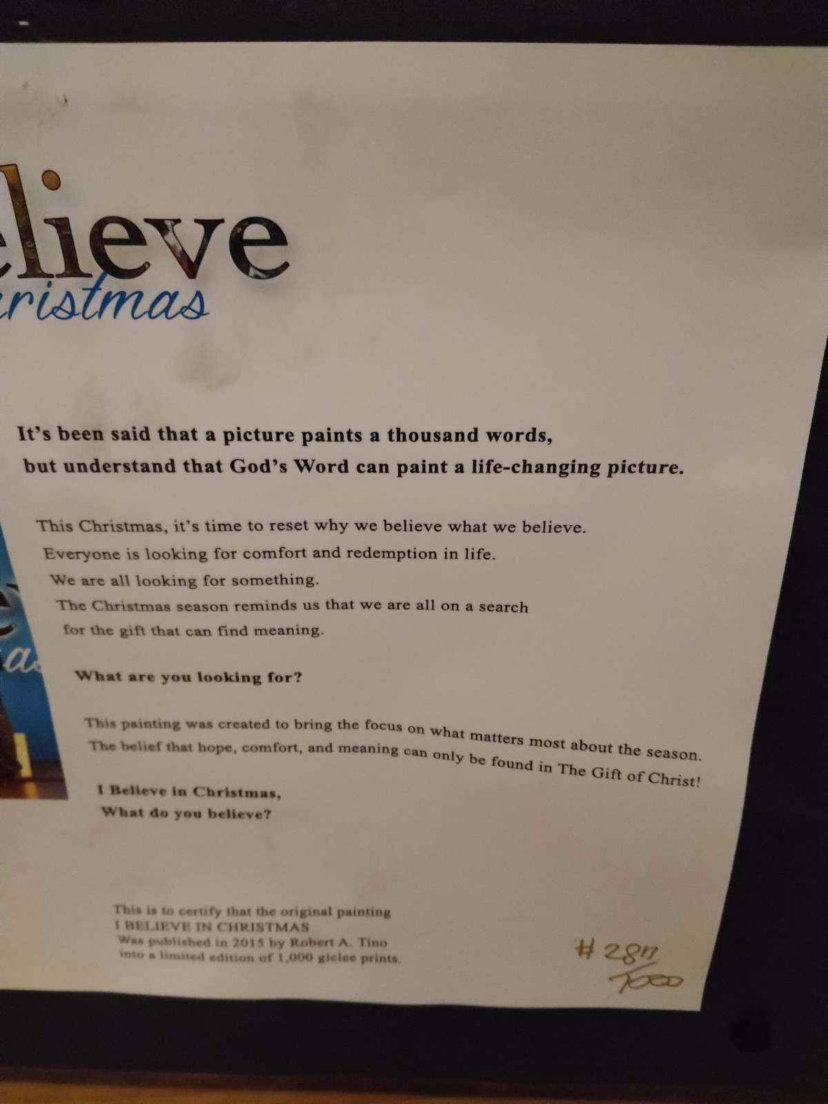 Robert A. Tino Canvas Painting Wall Art “I Believe In Christmas” 287/1000 2015