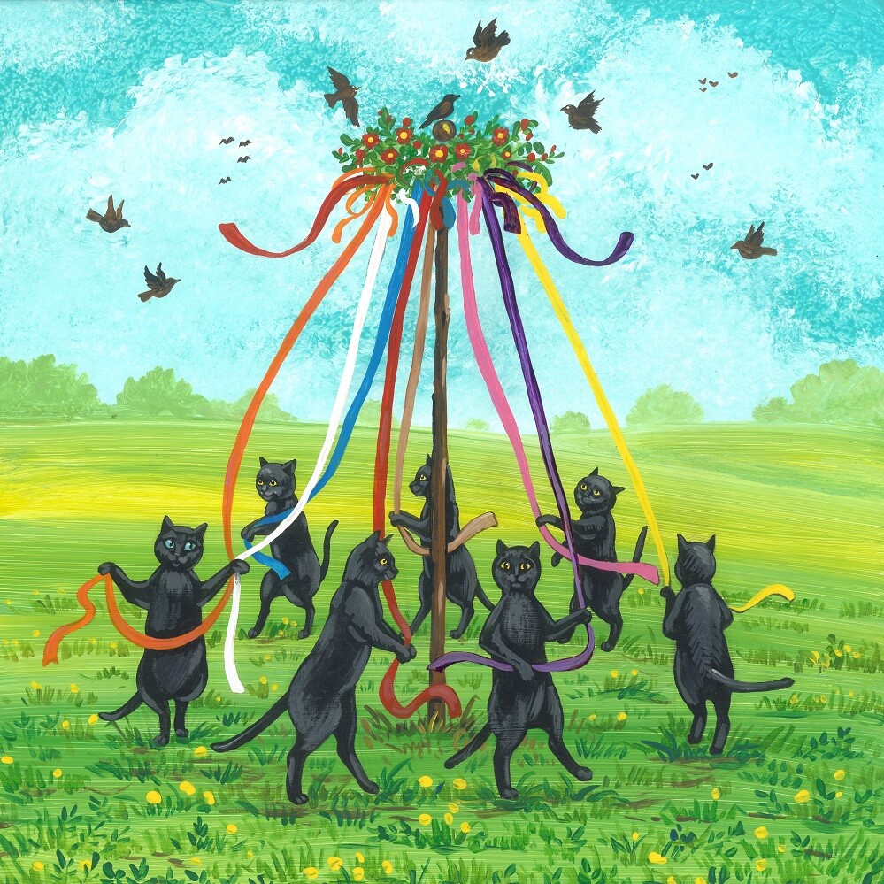 11×11 Print Of Painting Ryta Maypole Dance Black Cat Spring Pagan Beltane Art 🌺