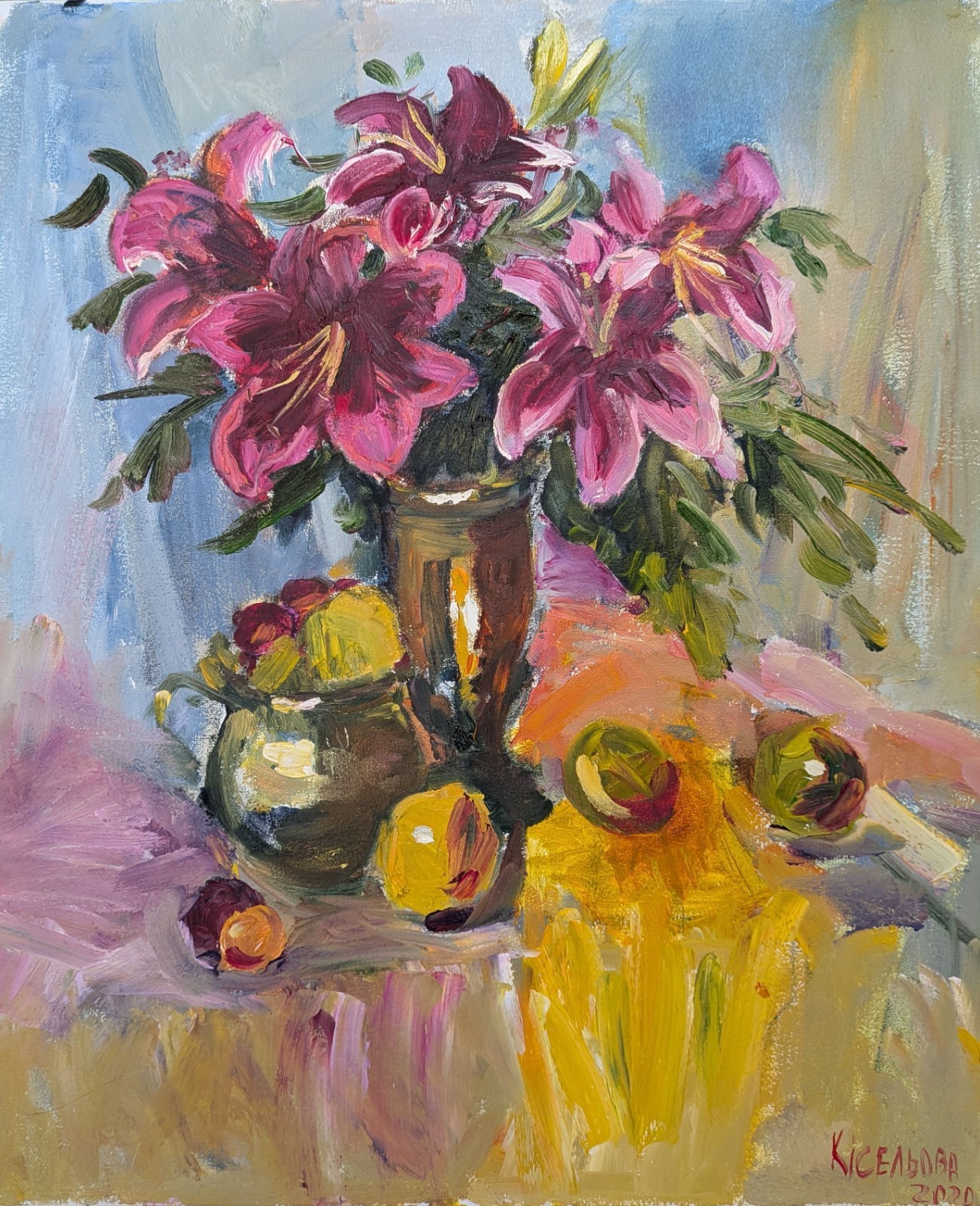 art 788 Original Oil Painting 24×20 in Still Life with Orchids in Vase Realism