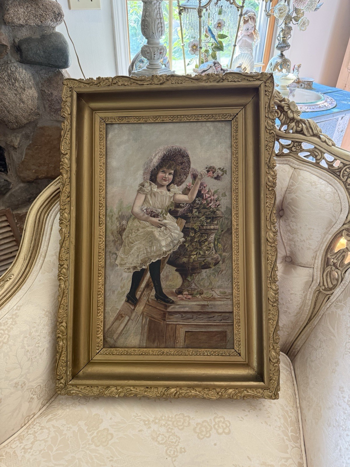 Victorian Oil Painting Young Girl Floral Garden Style On Canvas 1880s