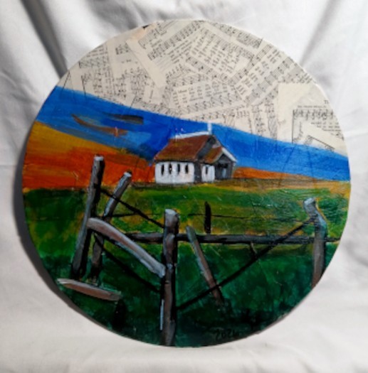 Church in a field Vintage Vinyl Painting by Loretta Nash