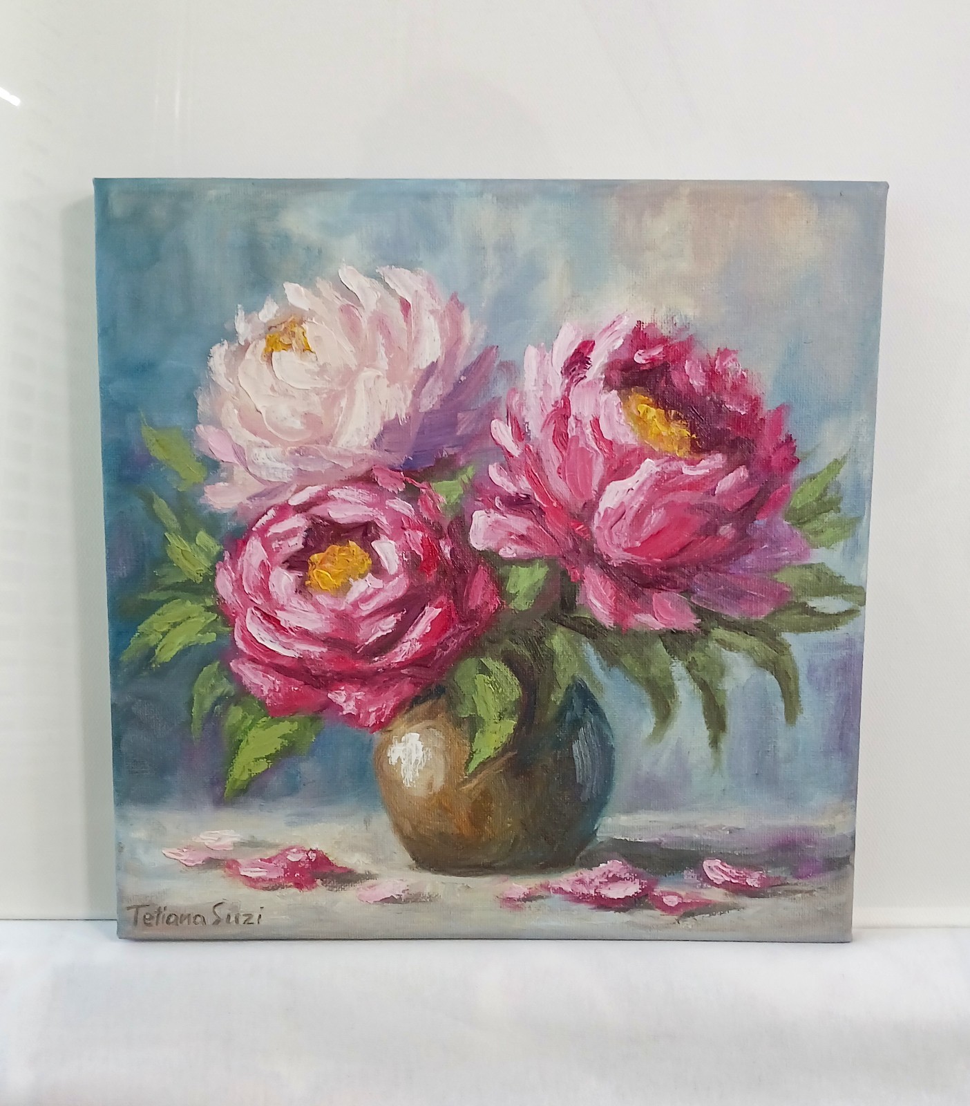Peony Flowers ORIGINAL Oil Painting Flowers in Vintage Vase Fine Art 10″x10″