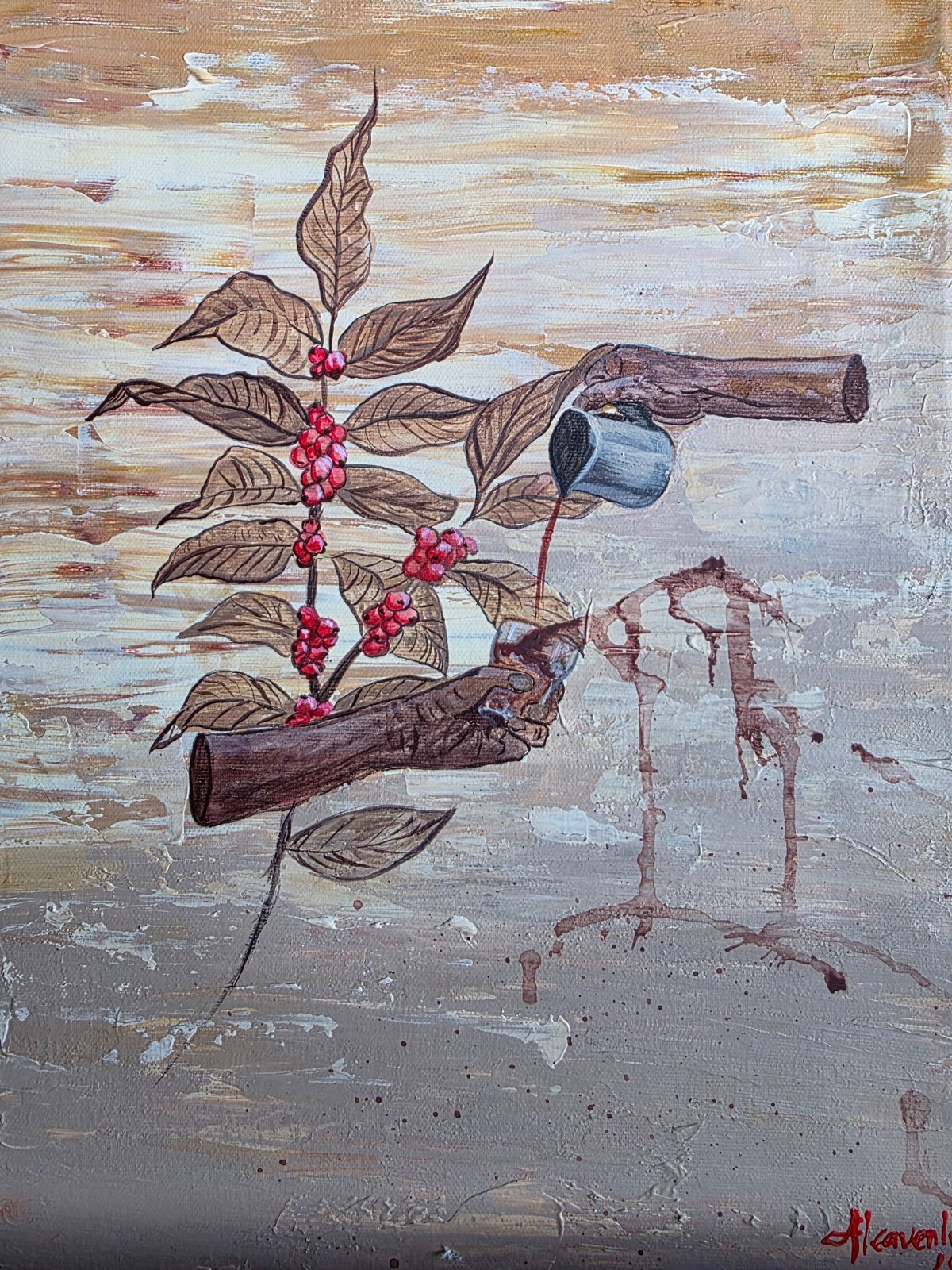 art 692 original painting acrylic and coffee OB canvas 15.74×11.8 in (40х30 cm)