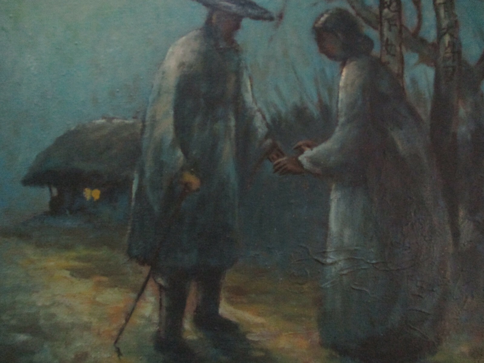 Mid Century Painting Night Moon Lit Landscape Figures Modernism Impressionism