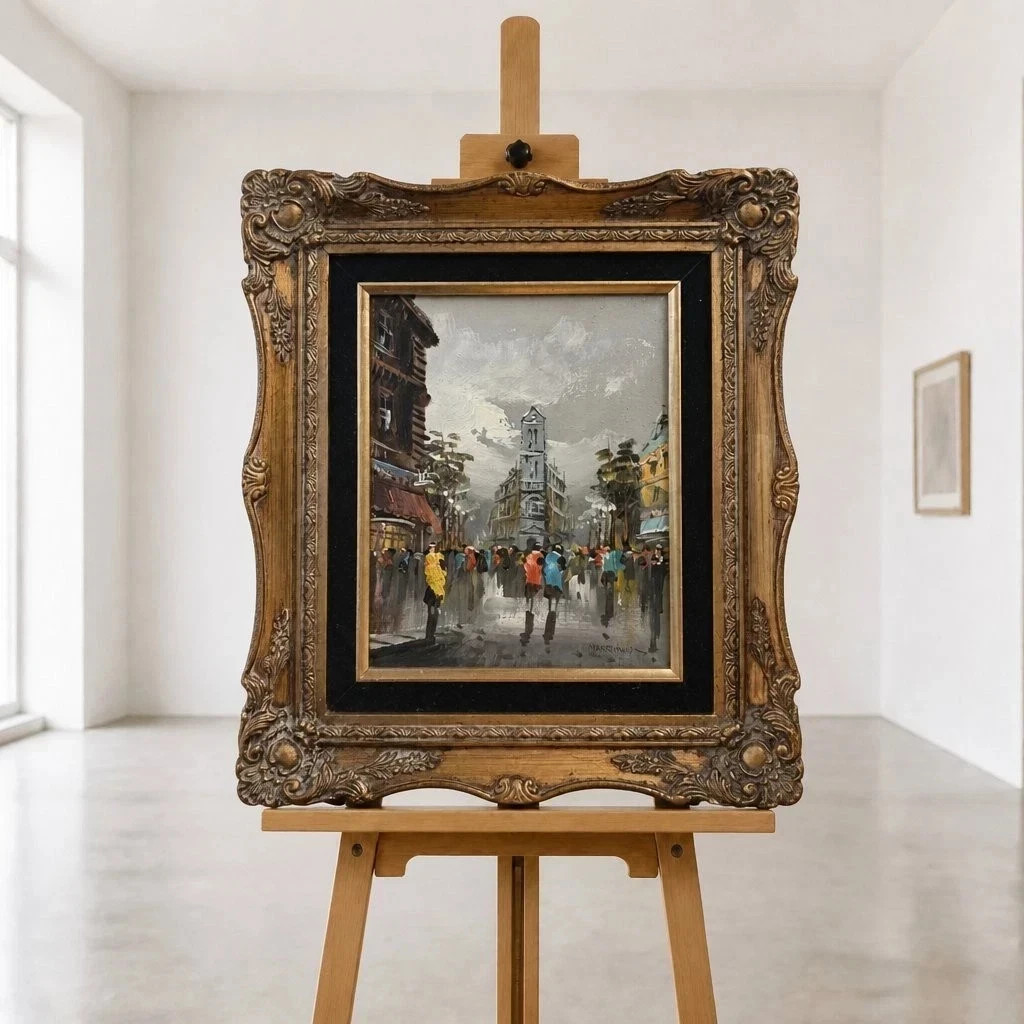 Marchand Original Mid-Century Art Oil Painting “Parisian Boulevard in Rain”