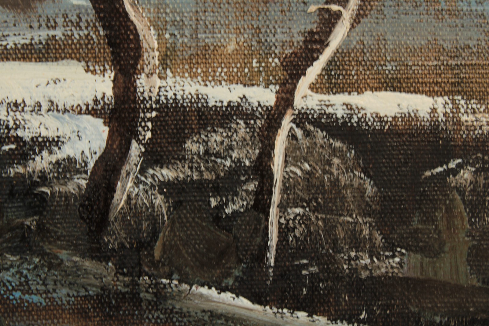 Vintage Winter Landscape Snow Cottage Scenery Oil Painting Signed Illegible