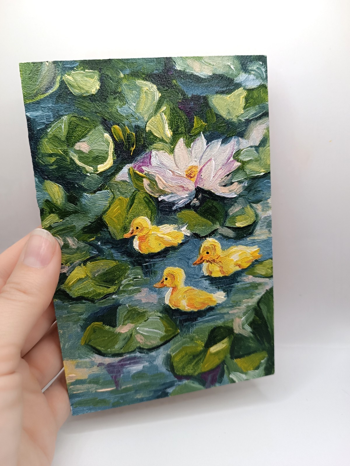 Cute Yellow Ducks Small Textured Painting Original Pond Lily Bathroom Decor