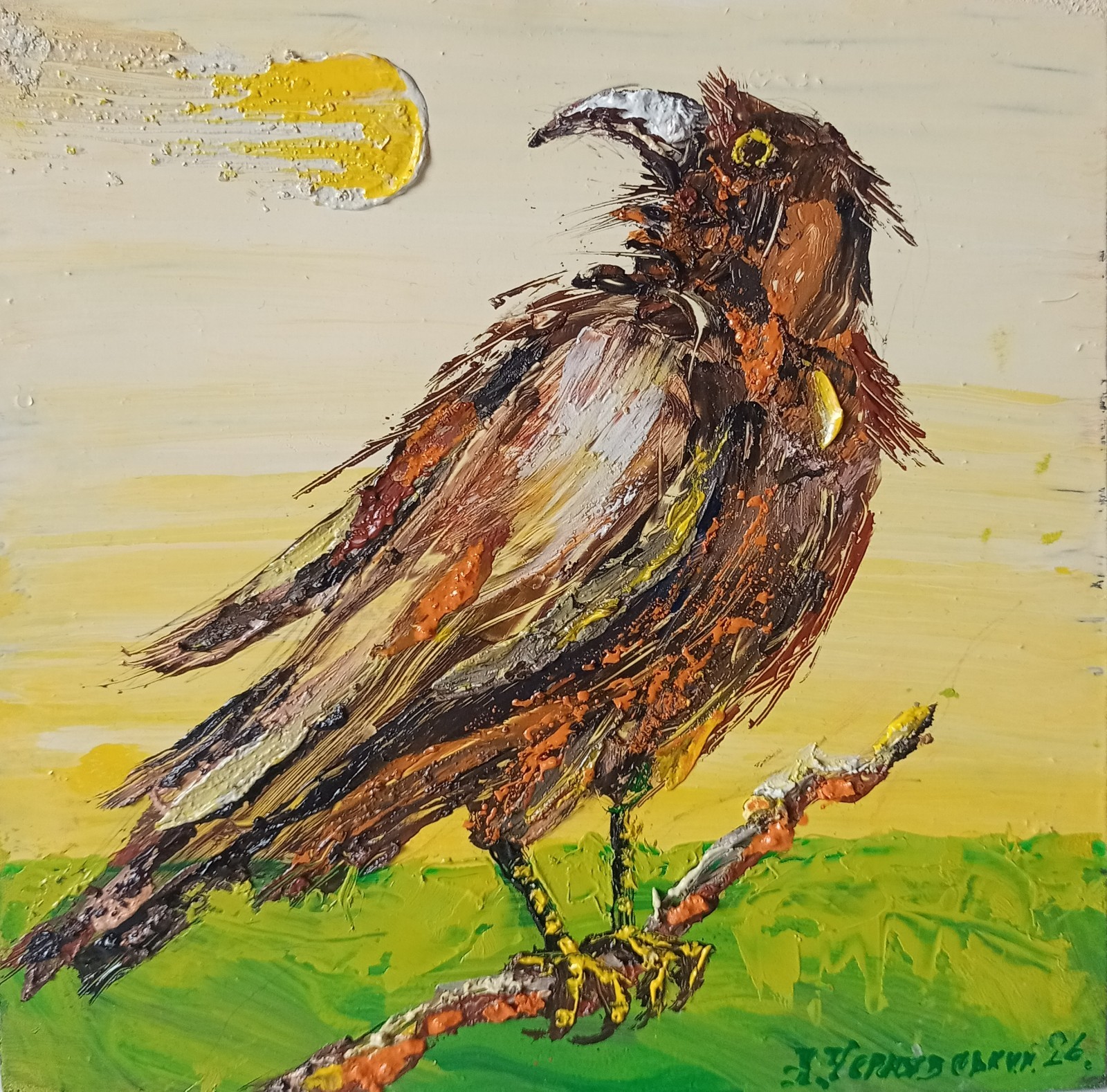 Raven Birds Impasto Painting Original Art Impression Oil Painting 7.8 x 7.8 in