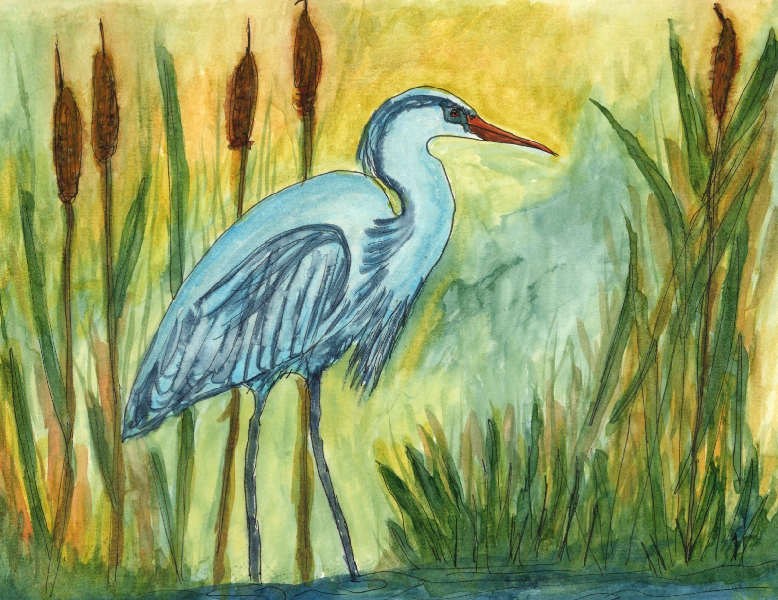 Watercolor, Bird, Great Blue Heron, Original Painting Signed by D. Koblinsky