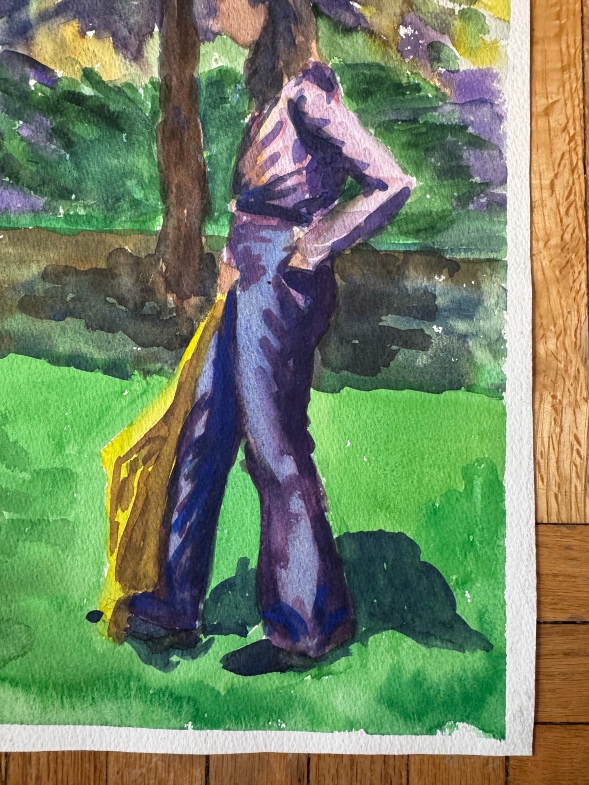 Vintage 1970s Watercolor Painting Woman in Park 10 x 13 Unsigned OOAK