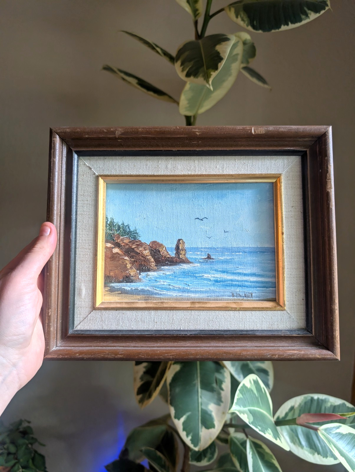 Original Small Oil Painting Ocean Landscape Seascape Signed and Wood Framed