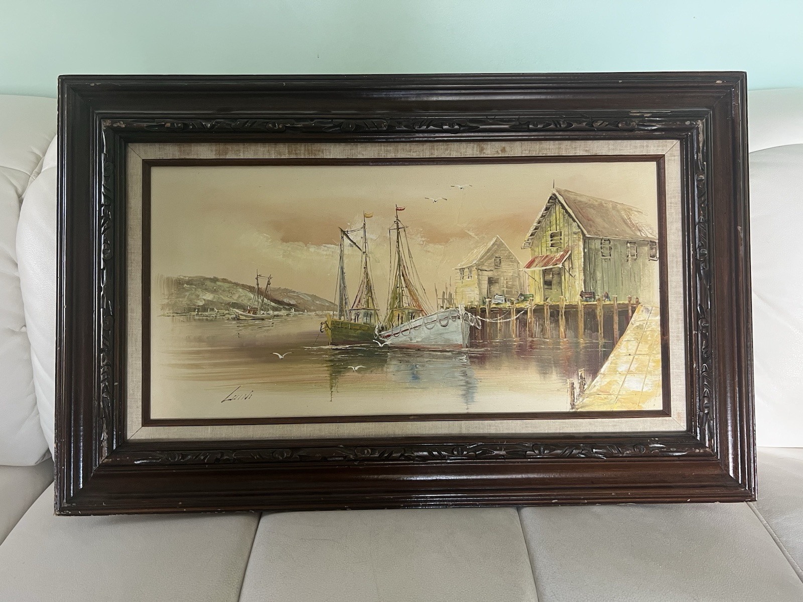 Vintage Signed John Luini Original Oil On Canvas Docked Boats At The Marina