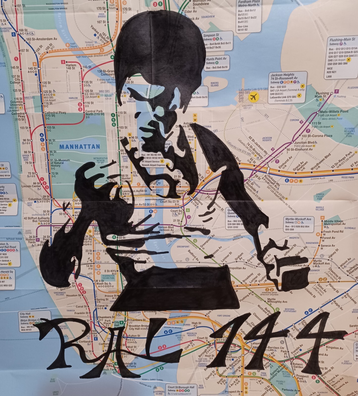 Dragon Bruce Lee Pop Graffiti Stencil Art Expressionism Old New York Subway Map