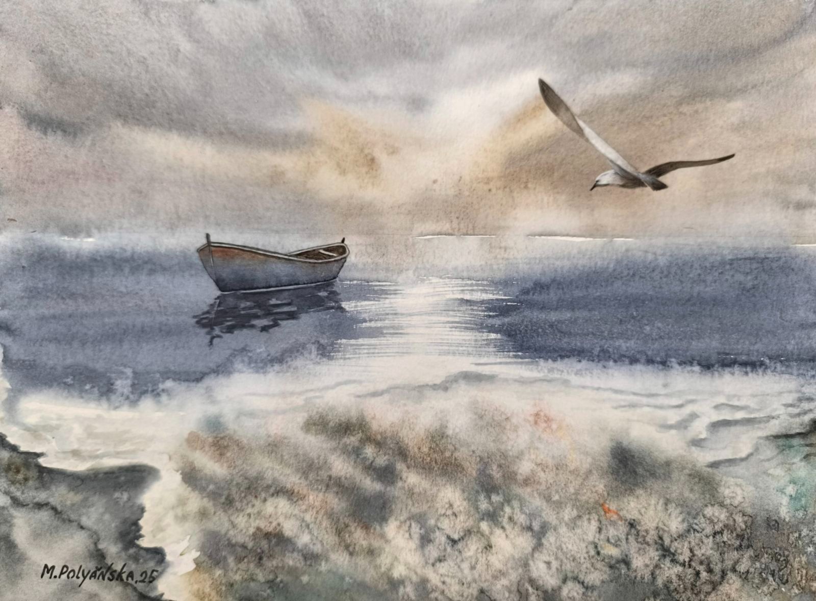 SEA BOAT BERD CEAGULL LAGUNA BEACH Original Art Painted Landscape SKY SeascapeA4