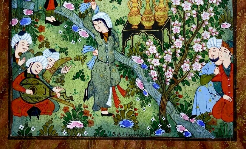 Miniature Painting Persian Art Work Silk Paper Handmade Sultan Garden 10.8×7.8″