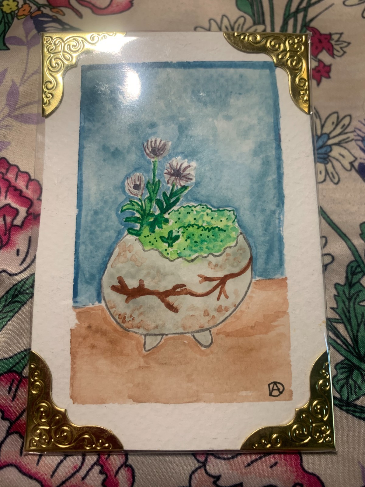 aceos originals watercolor painting moss garden, 4 x 2.5 inches, signed
