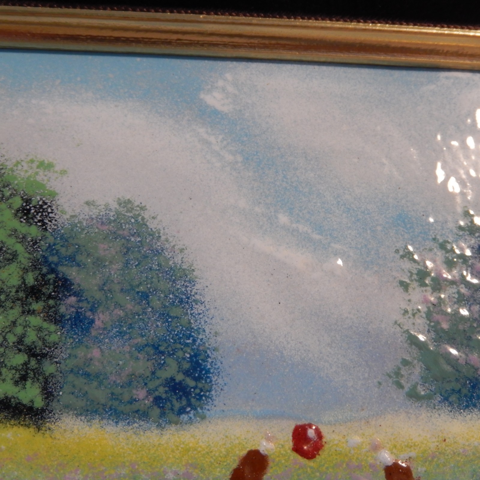 Vintage J POLK Enamel Girls Playing In Field Copper Painting Matted Framed Art