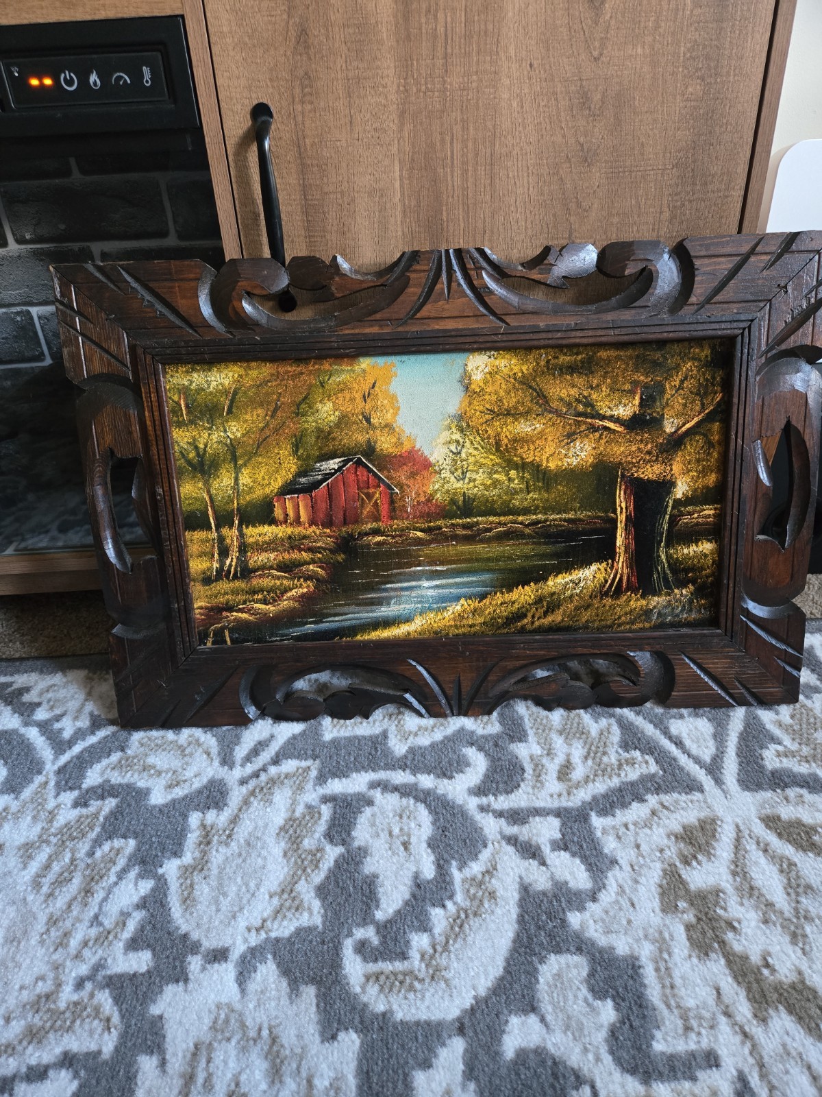 Vtg Oil On Black Velvet Painting. Autumn Country Scene. 23.5″ X 16.5″. Mexico