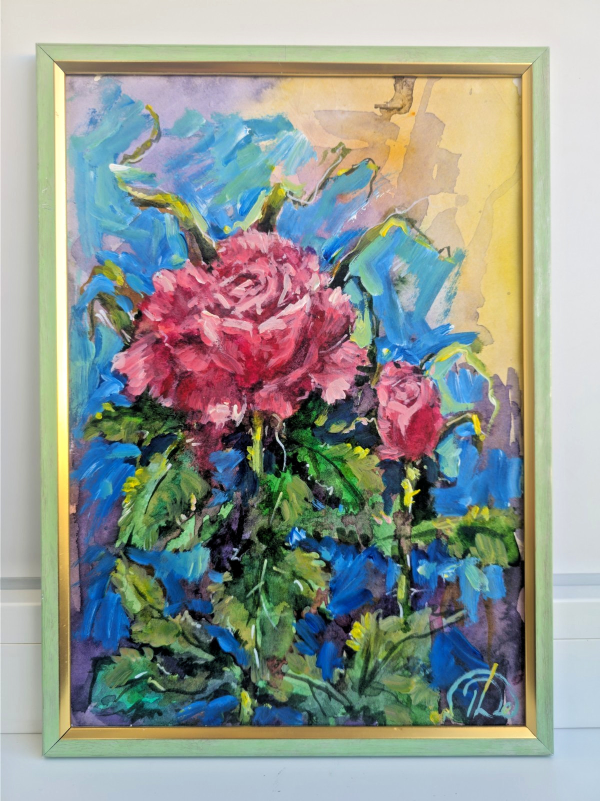 Original Acrylic Painting ROSES 20×30 cm. Expressive Floral Art. Framed