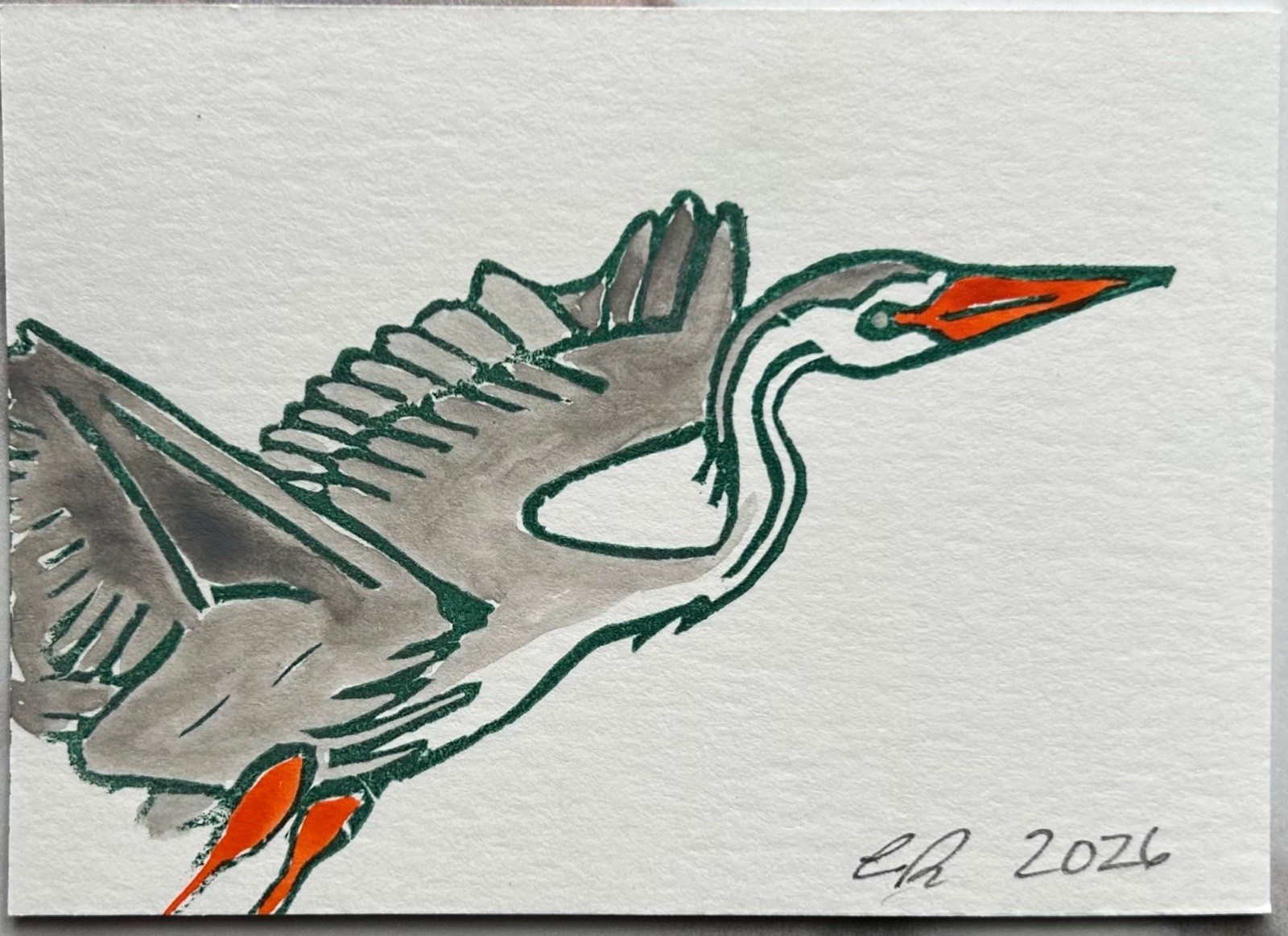 aceo original art by Emily Beck, Linocut, watercolor, blue heron, 2.5 x 3.5
