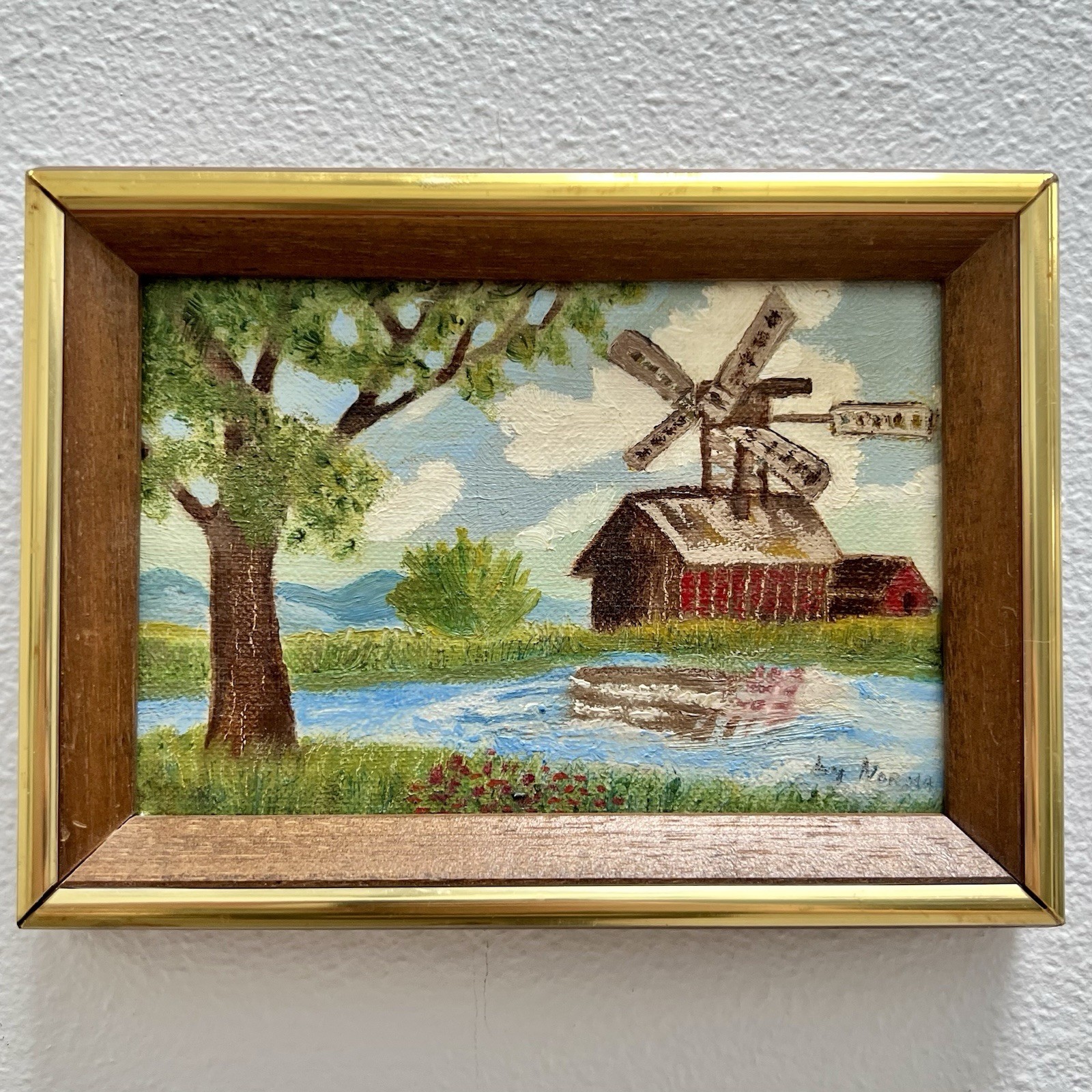 Vintage Signed Mini Oil Painting Windmill Barn Landscape Framed Original