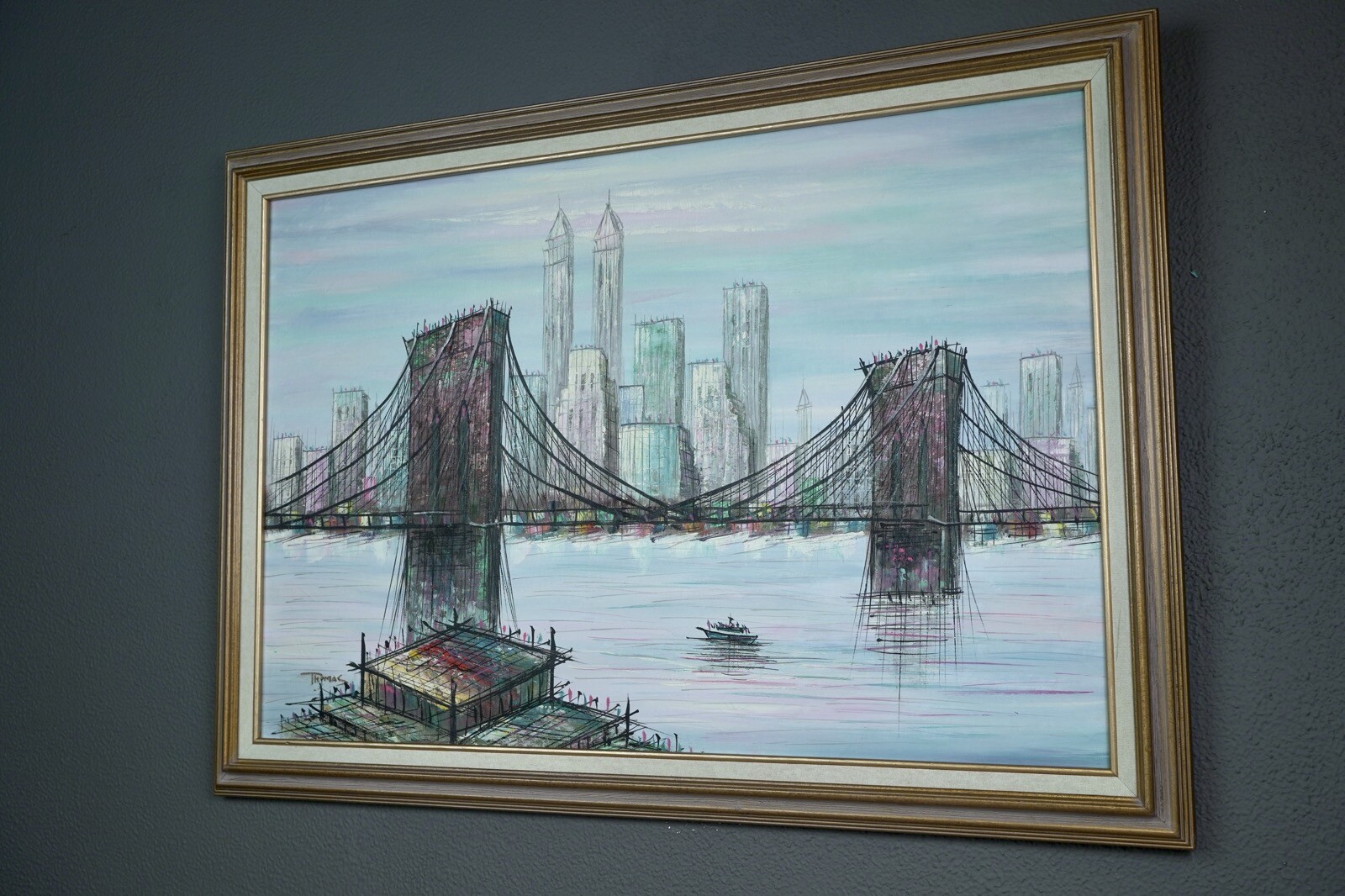 Mid Century Modern Brooklyn Bridge Twin Towers Style Painting Signed Thomas 2×4