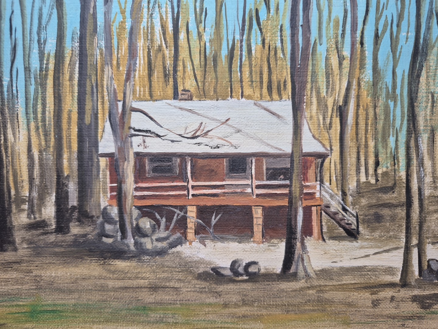 Vintage-Style Acrylic painting on Panel Depicting a Cabin Scene 9″ X 12″