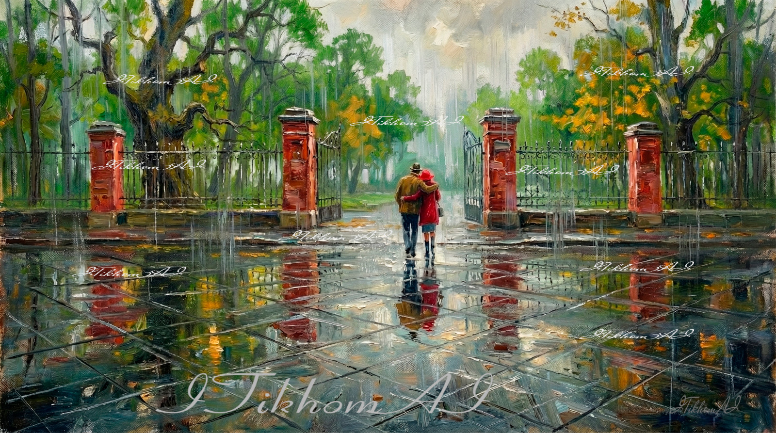 Digital Art Painting Cityscape Park Trees People Rain Wallpaper Decor Desktop