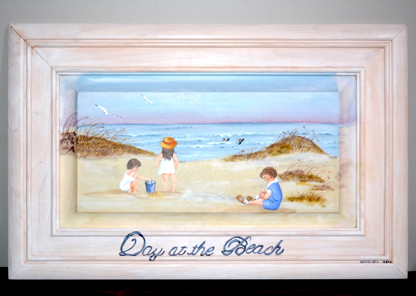 Oil On Wood Framed Artwork “Day at the Beach” Signed & Dated By Barbara 22″ Long