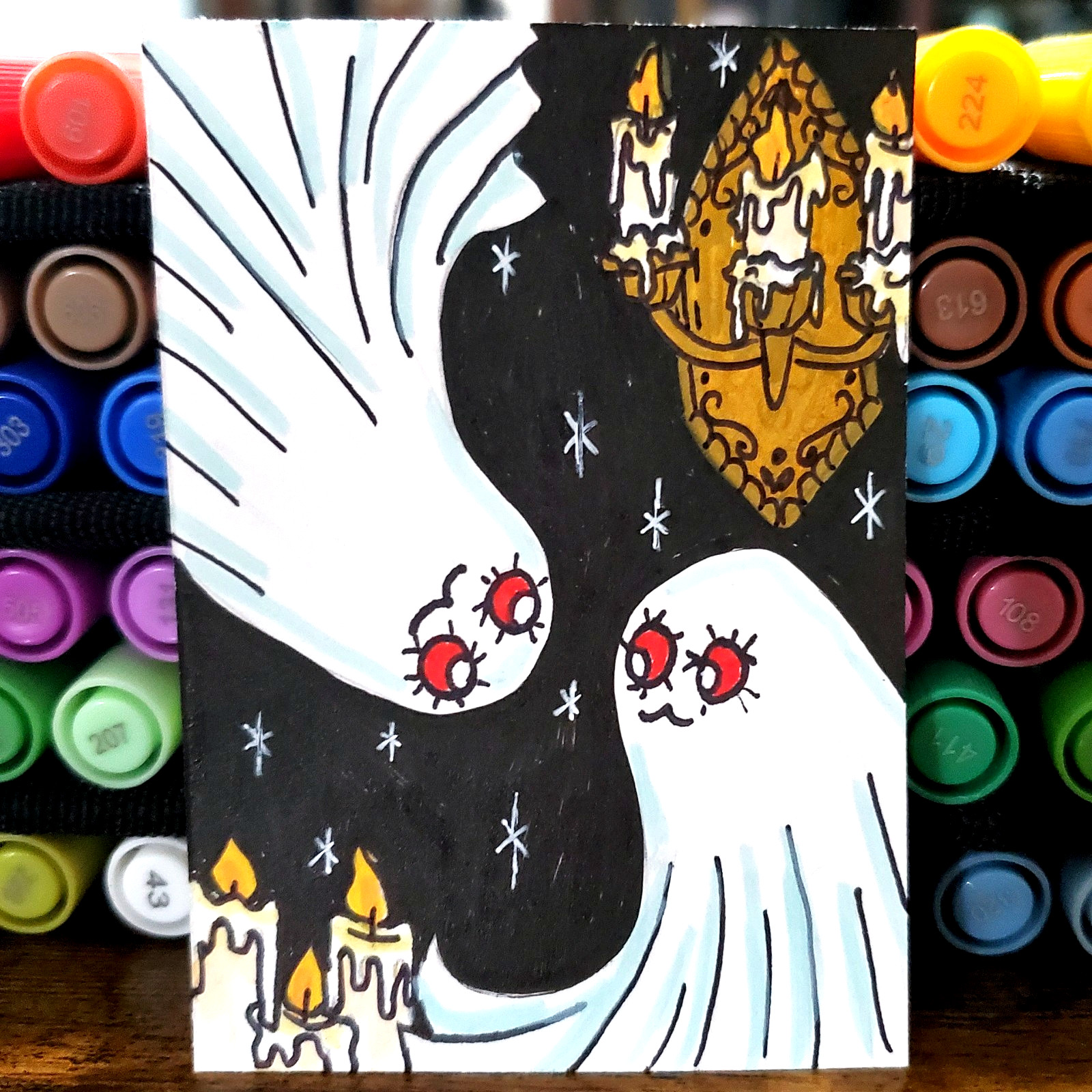 ACEO Original Art Card Ghost Friends Banshee Spirit OOAK Haunted Graveyard