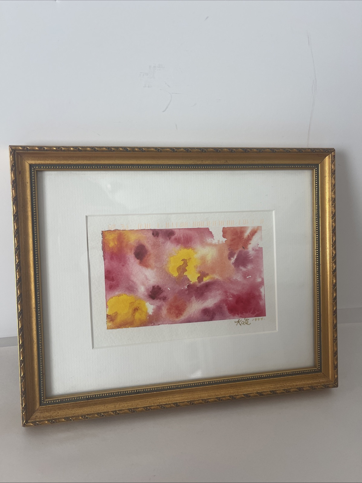 Abstract Painting Watercolor Gold Gilt Framed 9.5×8”Signed Kate 1994 Vintage
