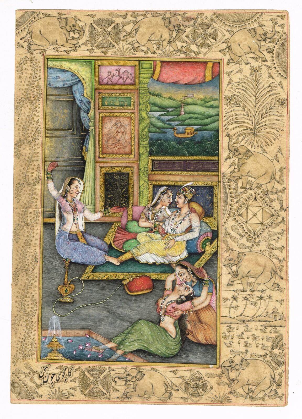 Indian Harem Art Painting A Mughal King With Women In Love Scene 11.25×8 Inches