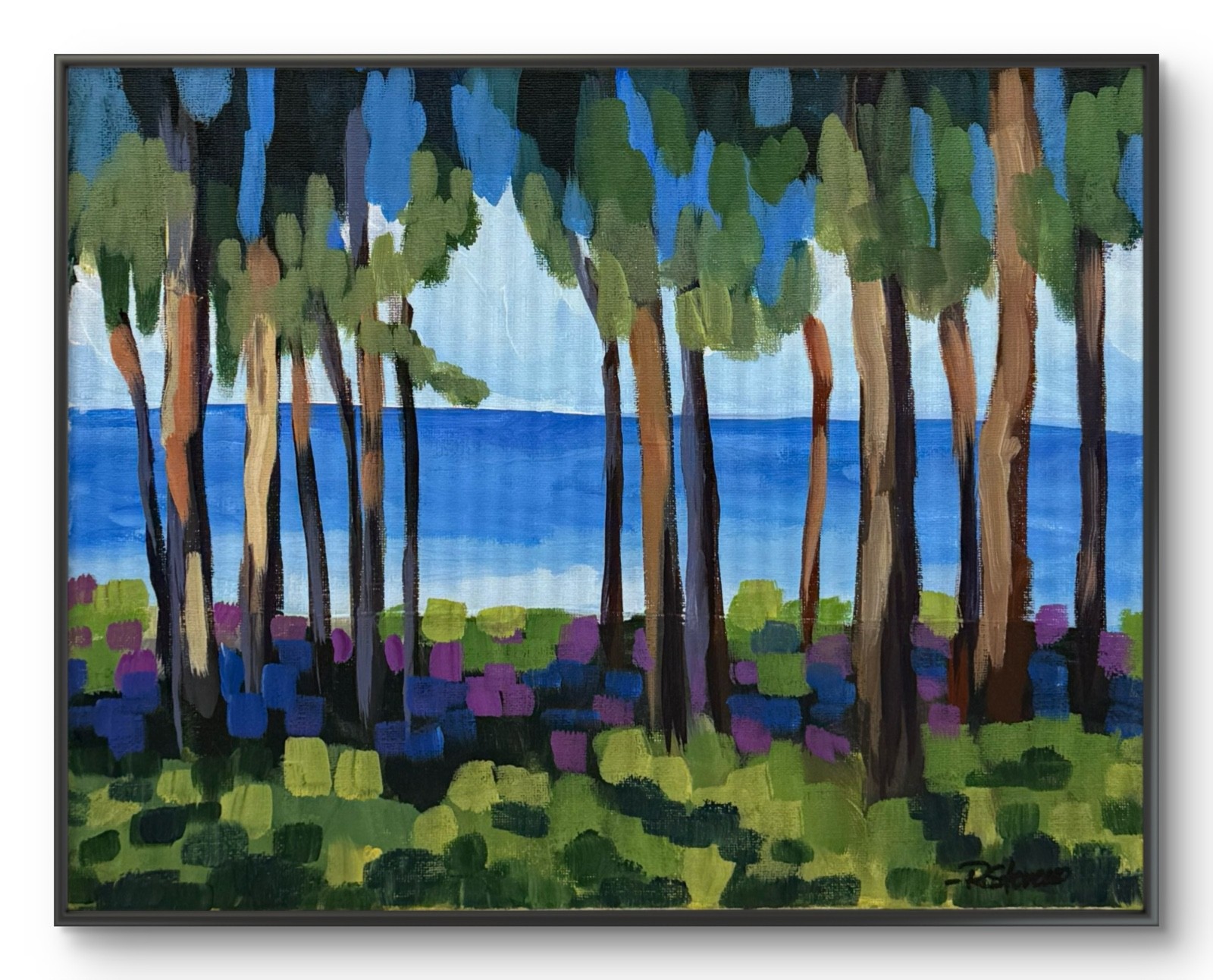 R Stevens Coastal Lake Forest Landscape Painting 11×14 Acrylic Water View Art