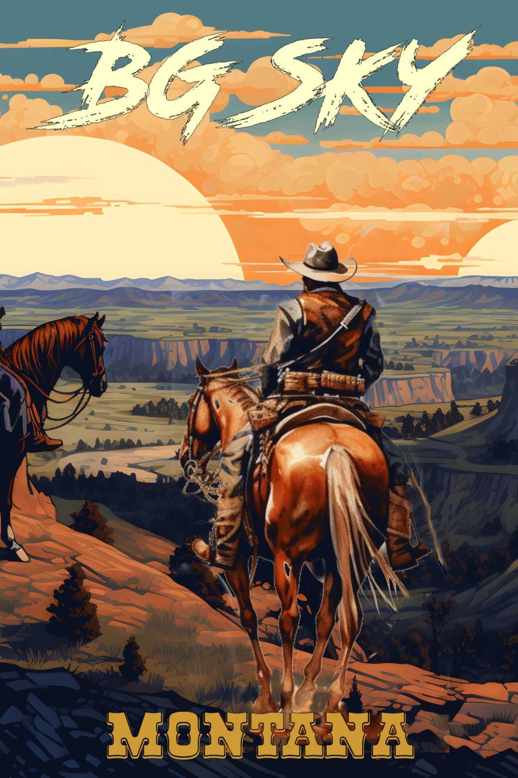 Big Sky Montana Cowboys Travel Poster Framed Canvas Old West Cowboy Canyon Art