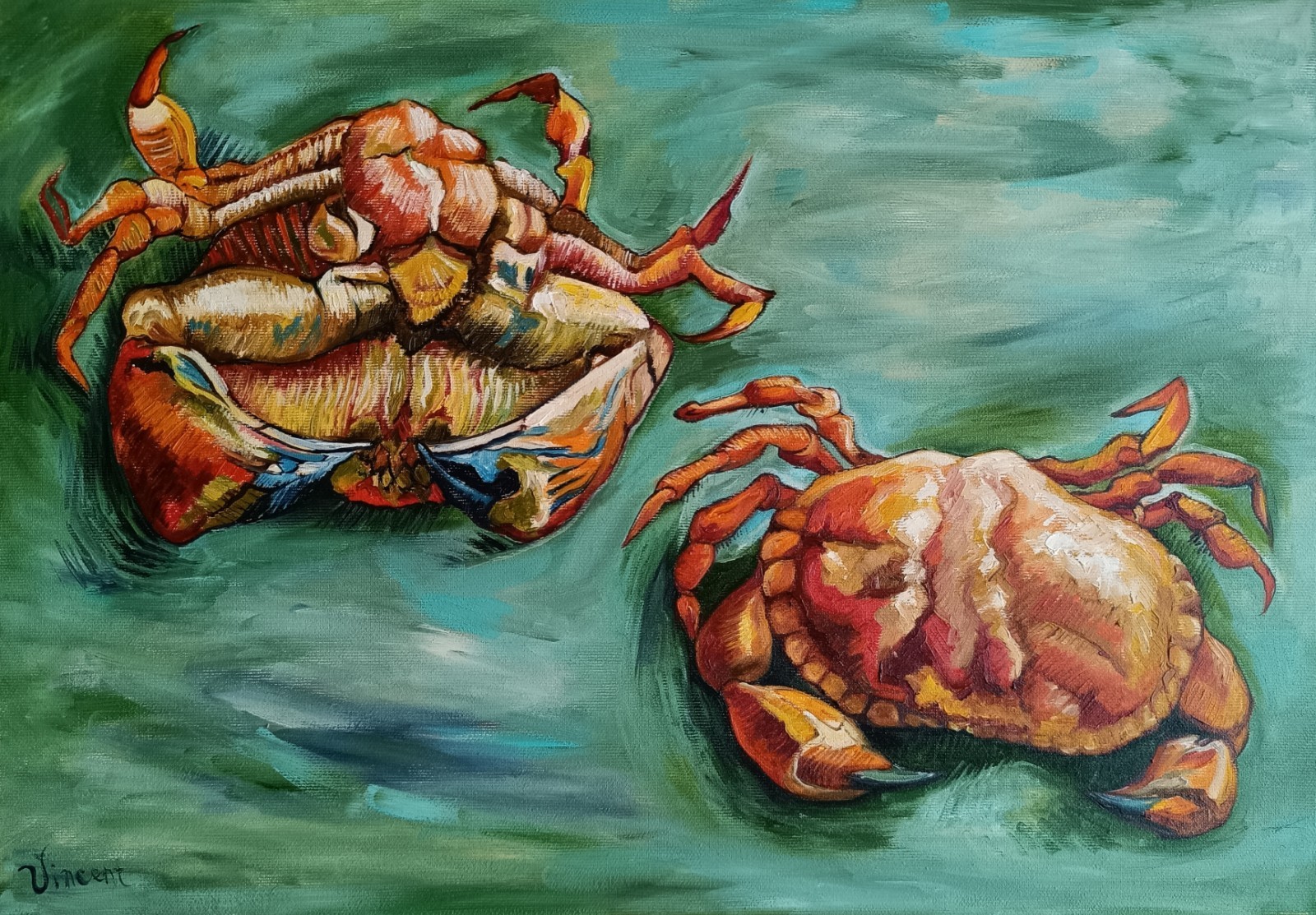 Two Crabs Van Gogh Hand-Painted Oil Reproduction Canvas 13.8×19.7 in
