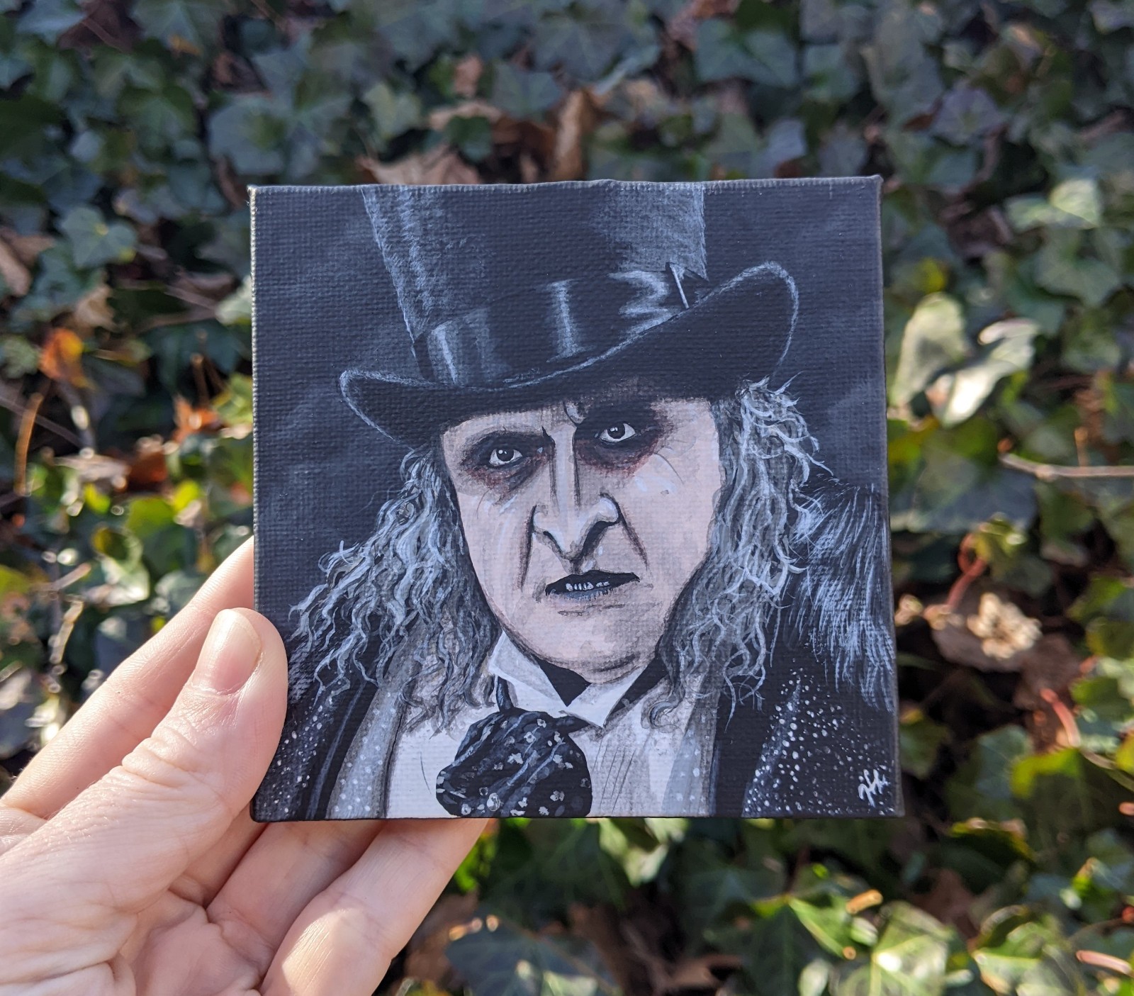 Creepy Penguin Villain: 90s Movie Acrylic Painting (4×4)