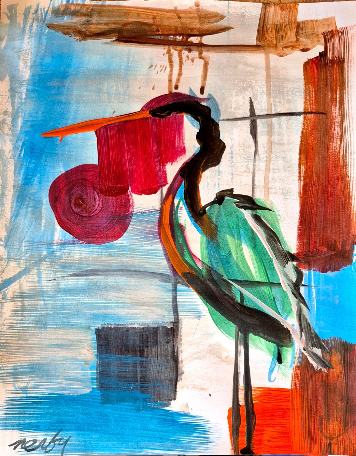 Original Acrylic 11×14 Abstract Bird Painting Signed Bold Wall Art Paper P166