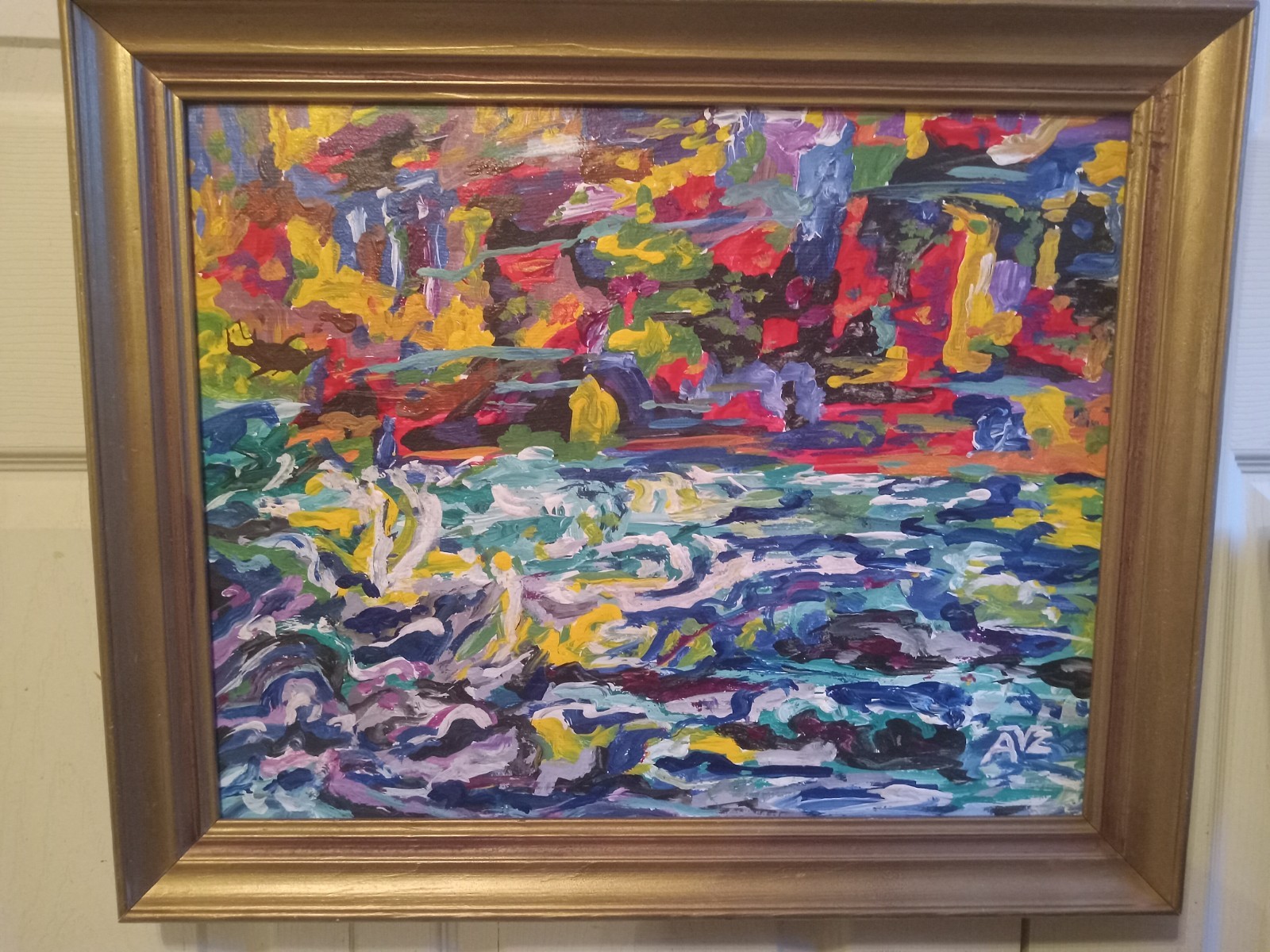 Vntg Abstract Expressionist Oil On Board Bucks Pa Landscape Painting sgnd AVZ 71