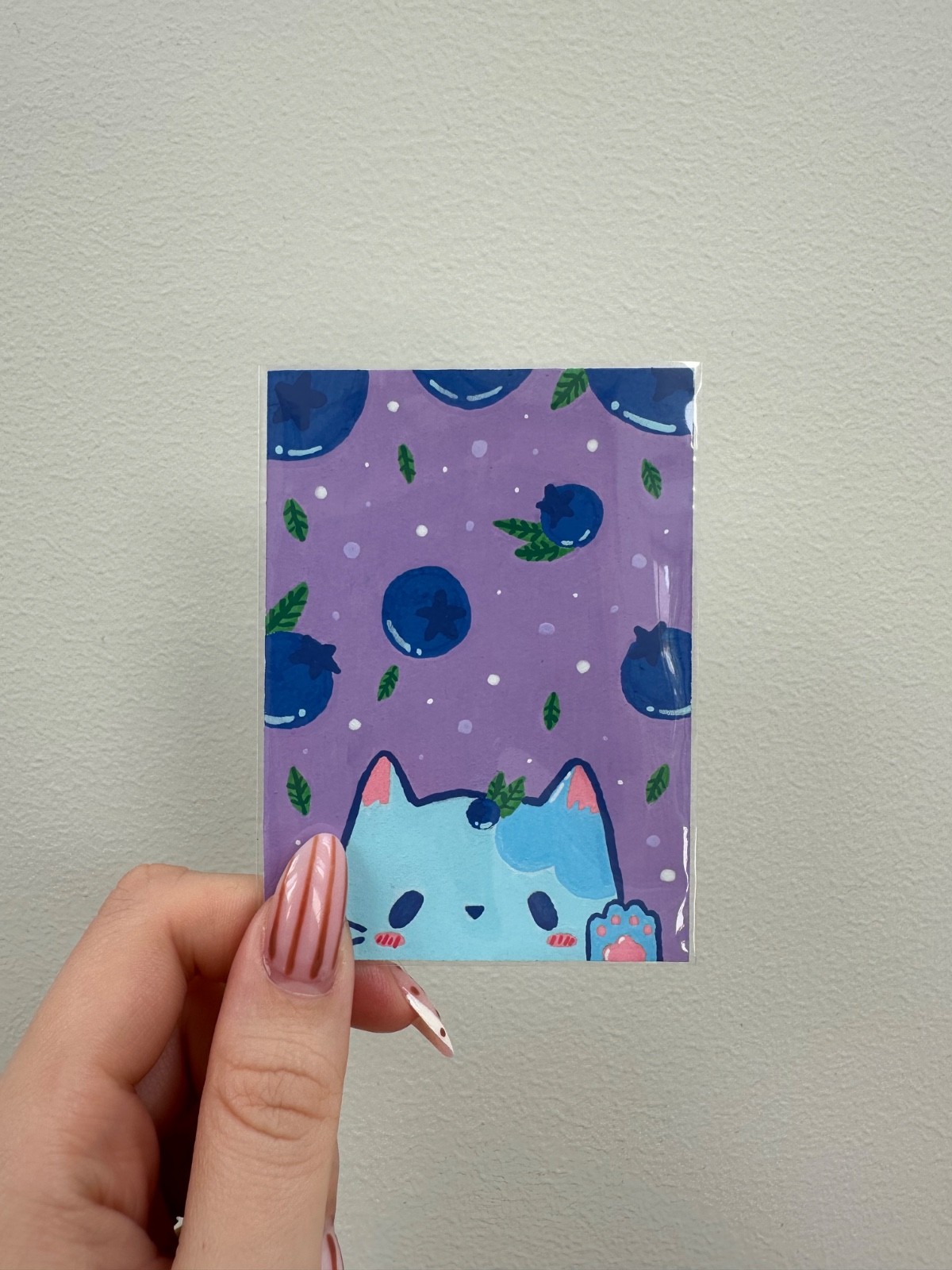 ACEO Original Mini Art Card Blue Blueberry Cat Acrylic Markers Mlue #4/10