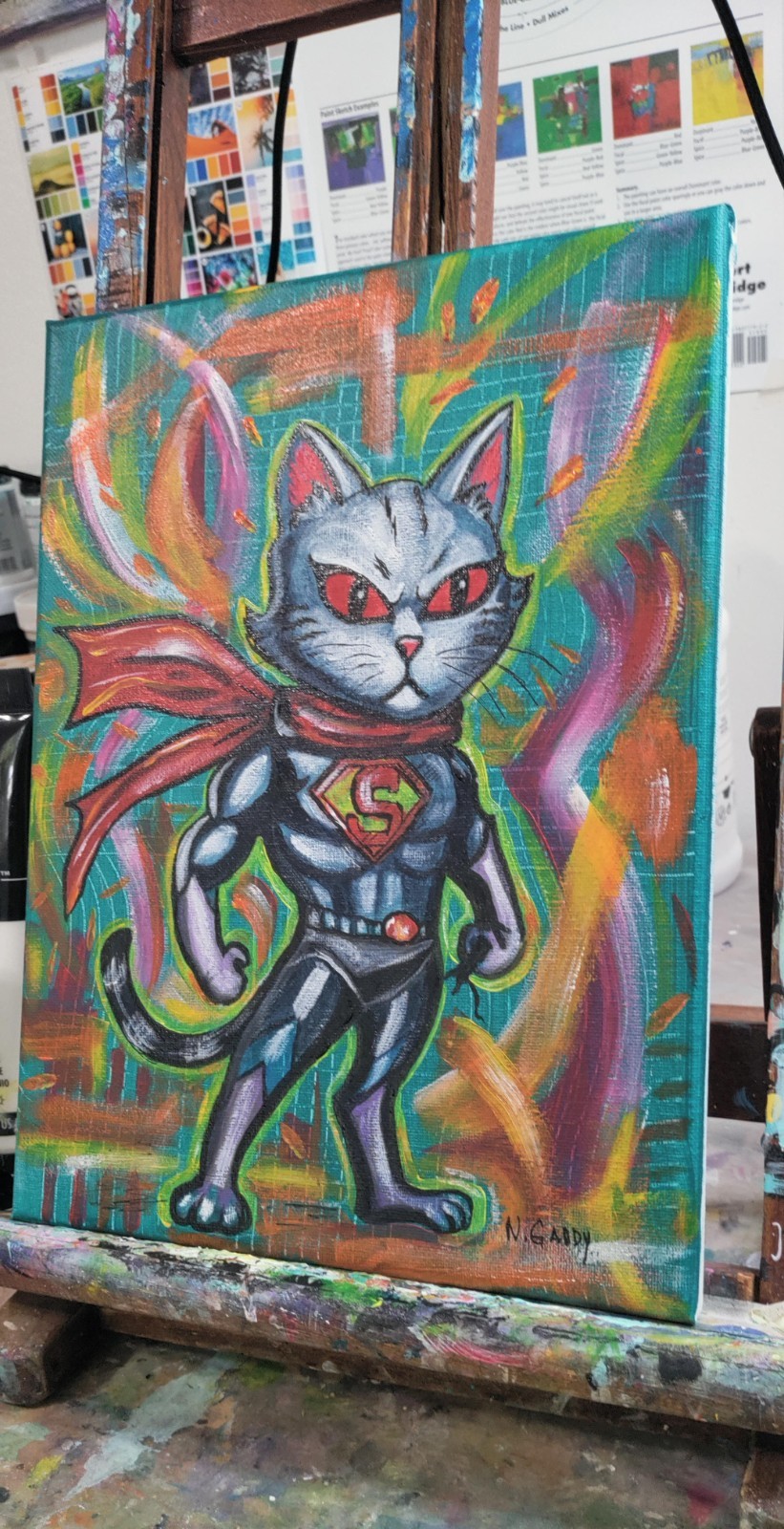 Original Expressionist Super Ultra Cat 9 x 12 Acrylic Canvas Art Painting