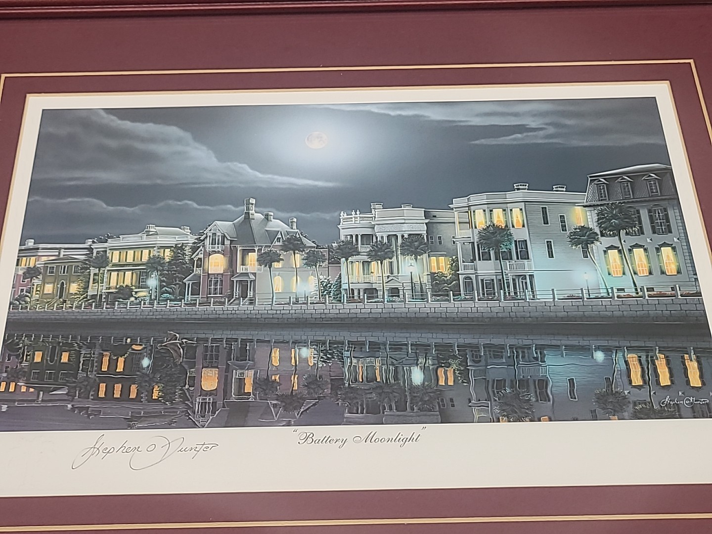 STEPHEN O. GUNTER SIGNED & Stamped FRAMED CHARLESTON SC BATTERY MOONLIGHT PRINT