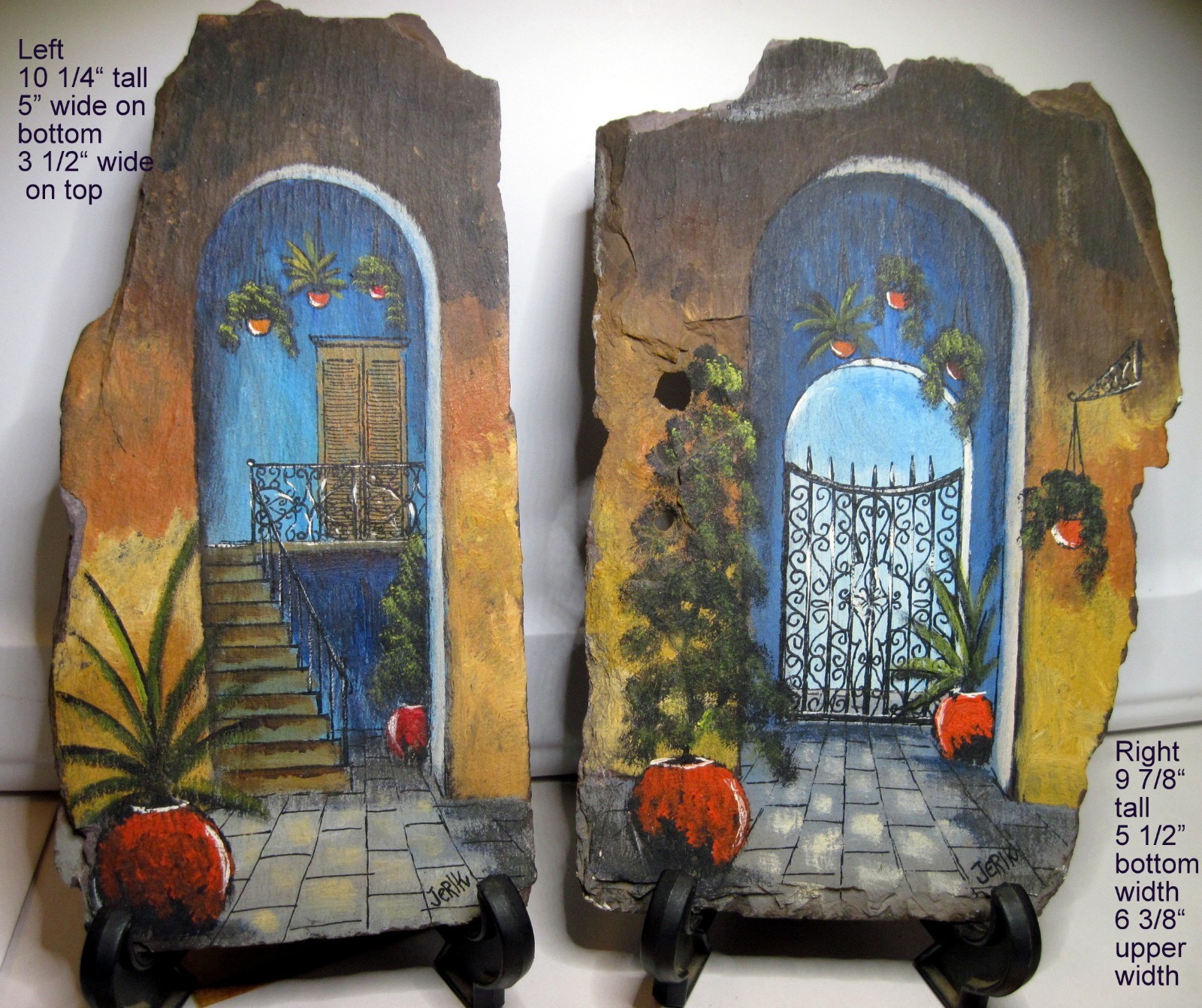 2 Antique NEW ORLEANS Art Paintings Courtyards Slate Roof Tile 100 Yrs Old Jerlk