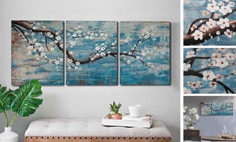 3 Piece Wall Art Hand Overall 36x16inch( 12″x16″x3) Plum Blossom Oil Painting