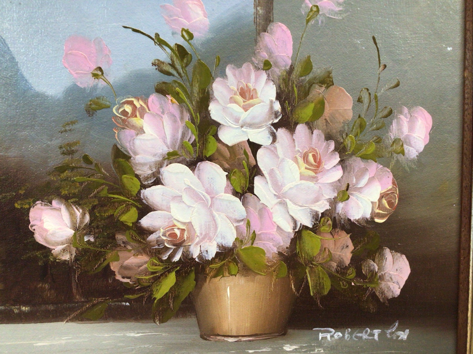 Artist Robert Vase Of Flowers Framed Oil Painting 1980s