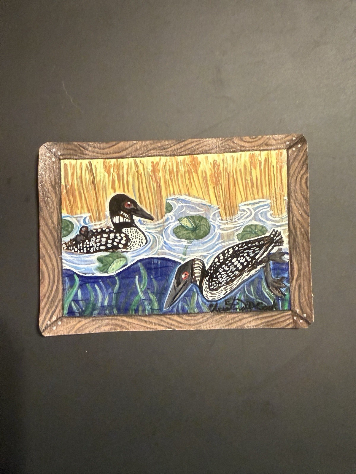 ACEO, miniature, original art, painting, “Loon Lagoon”, Two Loons with Lily Pads