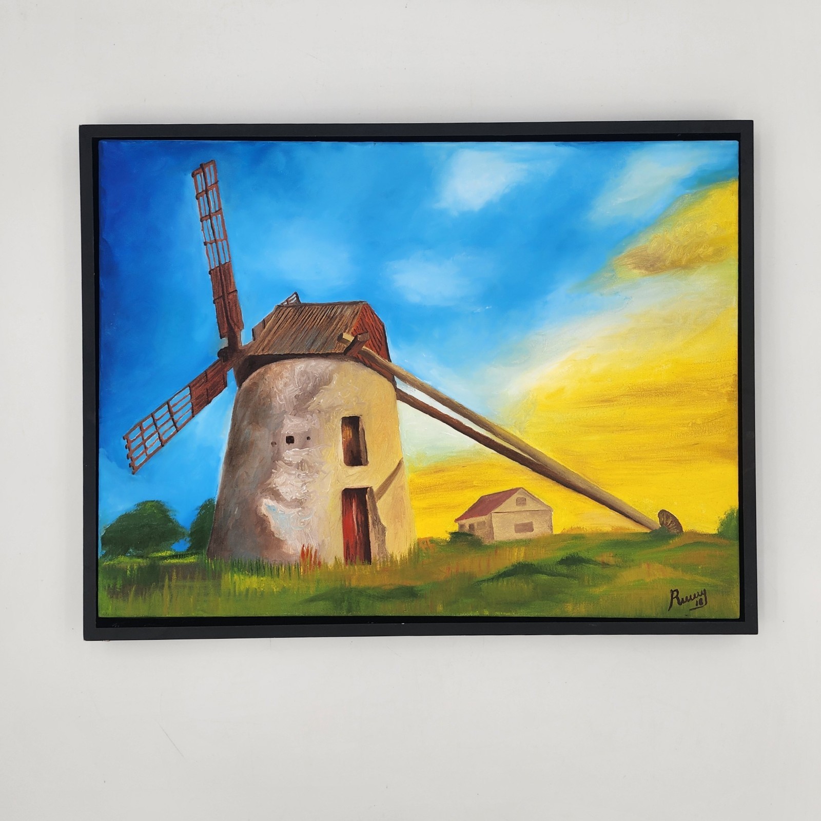 Finished Paint By Number Windmill Sunset Oil Painting Dutch Landscape Framed PBN