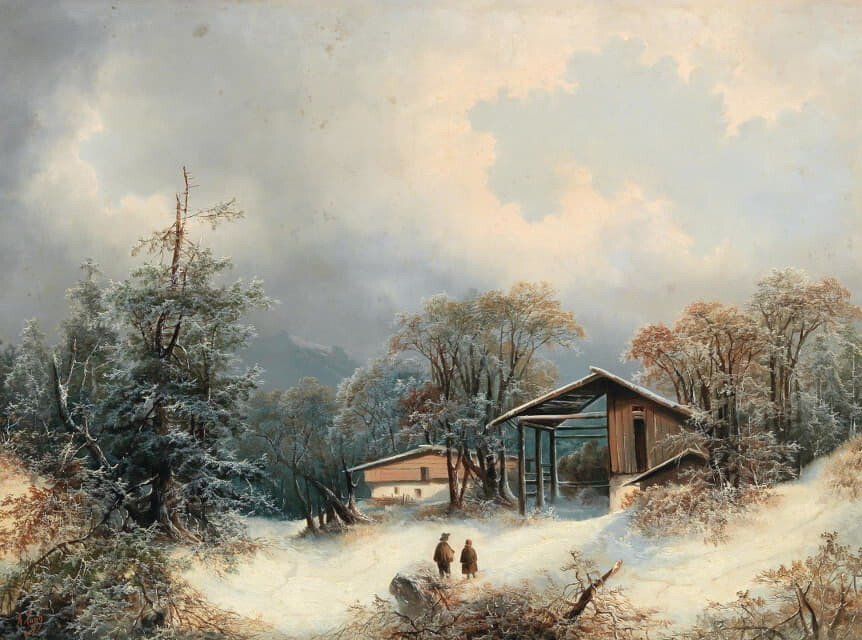 oil painting handpainted on canvas-Winter Landscape With Decorative Figures