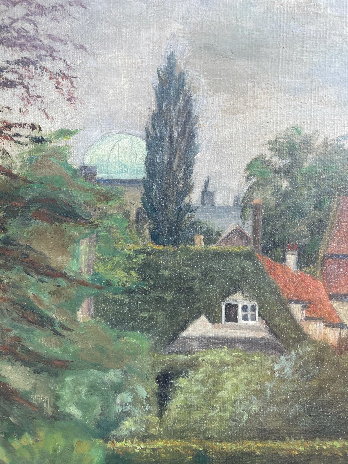Impressionist Sunny Park Landscape View of Houses Small Town Dated 1927