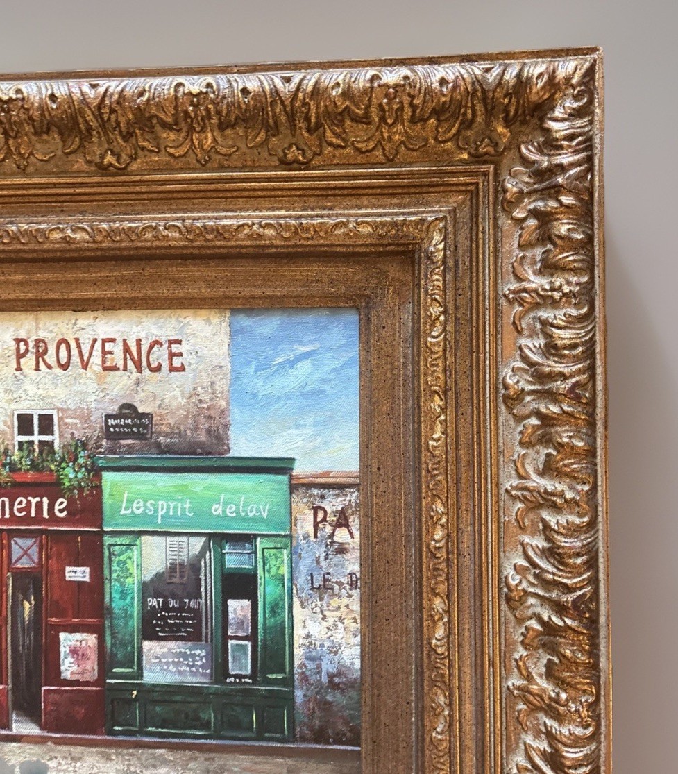 VTG Colorful French Village Business Fronts, 2 Acrylic Paintings Original Signed